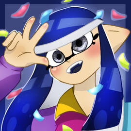 A blue inkling girl wearing a Takoroka Windcrusher surrounded by confetti